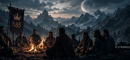 Kingdom members gathered around a fire beneath the 685 banner in the mountains