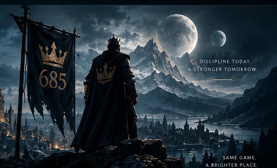A crowned commander overlooking the kingdom from a mountain ridge, 685 banner raised beside him. Discipline today, a stronger tomorrow. Same game, a brighter place.