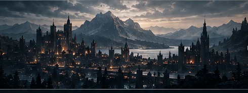 The kingdom's city and towers lit up at dusk beneath the mountains